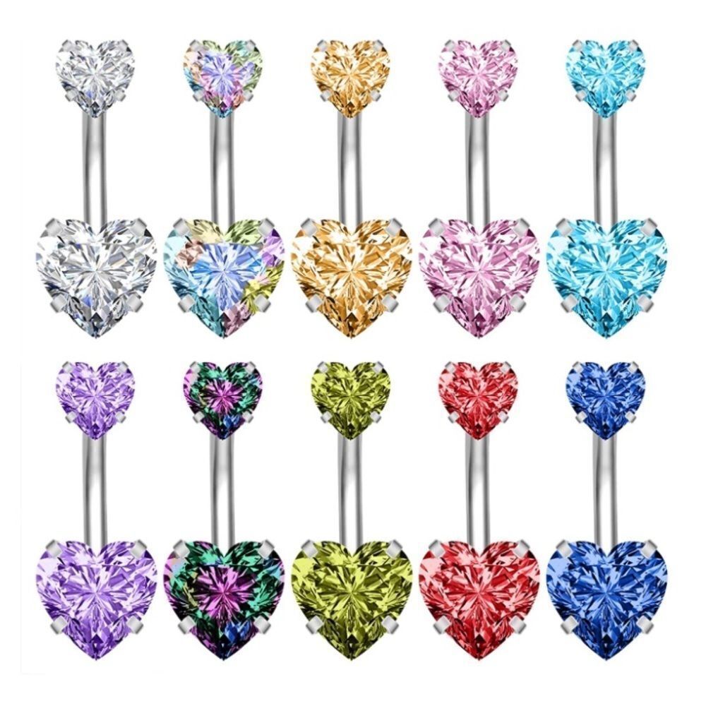 14G 316L Heart Cubic Zirconia Barbell Belly Button Navel Rings -  Set of 10